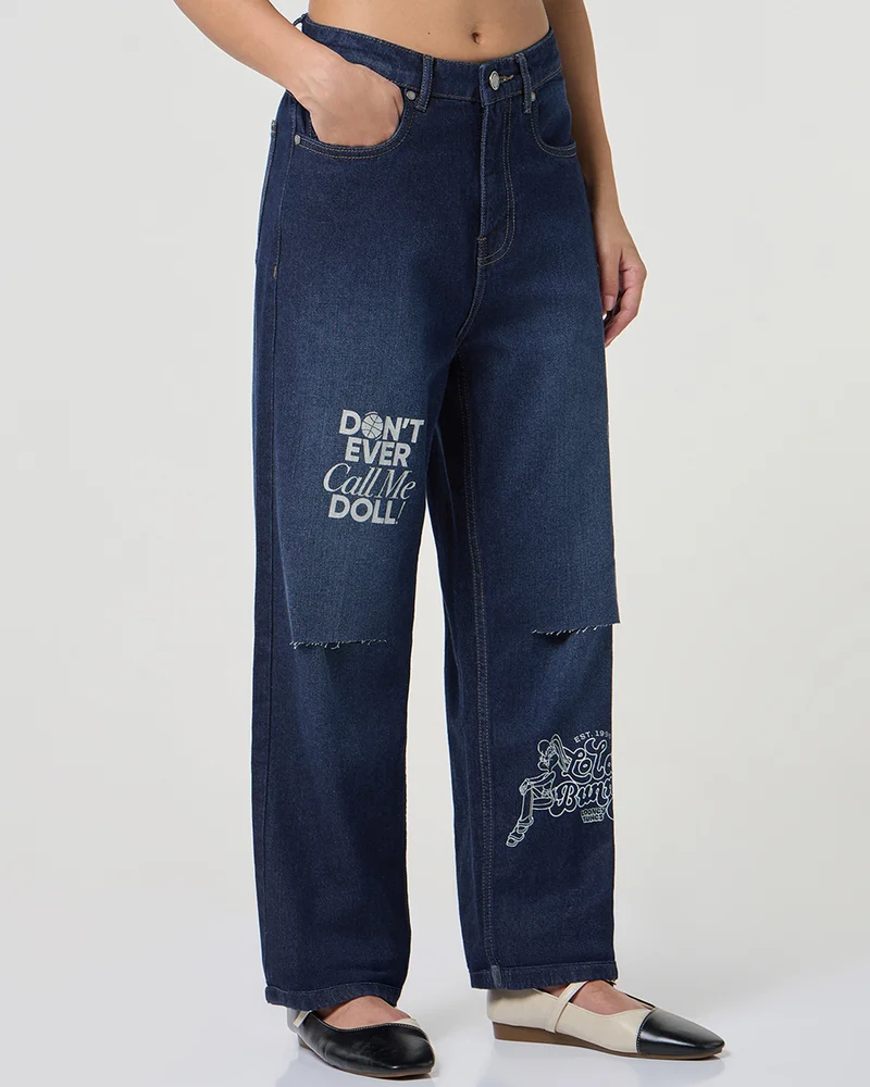 بيواكوف Women's Blue Distressed Washed Straight Fit Jeans